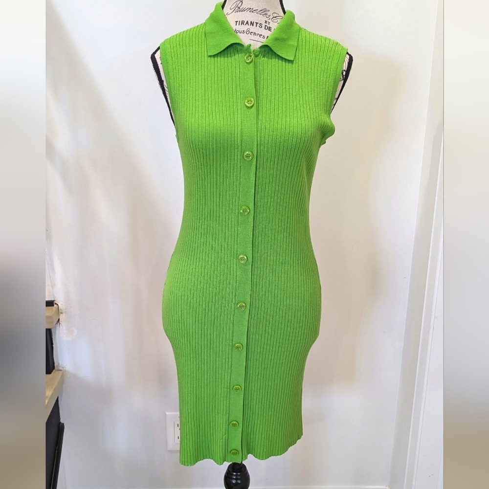 ZARA | Women's Green Ribbed Bodycon Button Down Polo Style Sleeveless Mini Dress